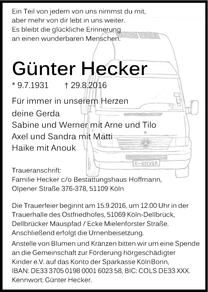  Traueranzeige für Günter Hecker vom 10.09.2016 aus Kölner Stadt-Anzeiger / Kölnische Rundschau / Express