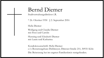 Anzeige von Bernd Diemer von Kölner Stadt-Anzeiger / Kölnische Rundschau / Express