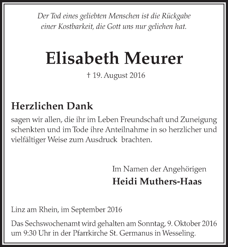  Traueranzeige für Elisabeth Meurer vom 28.09.2016 aus  Schlossbote/Werbekurier 