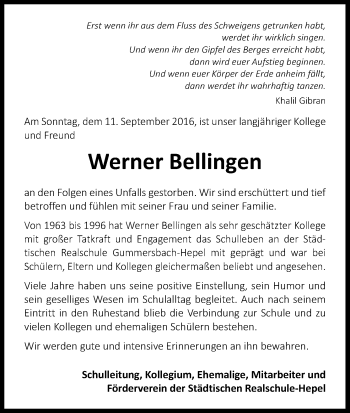 Anzeige von Werner Bellingen von Kölner Stadt-Anzeiger / Kölnische Rundschau / Express