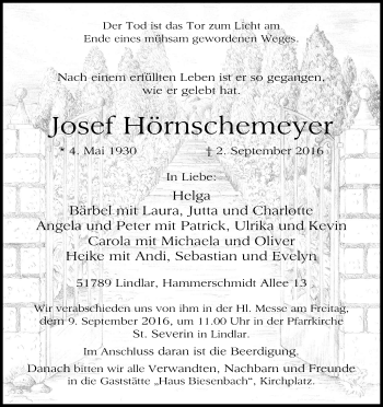 Anzeige von Josef Hörnschemeyer von Kölner Stadt-Anzeiger / Kölnische Rundschau / Express