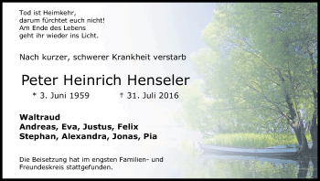 Anzeige von Peter Heinrich Henseler von Kölner Stadt-Anzeiger / Kölnische Rundschau / Express