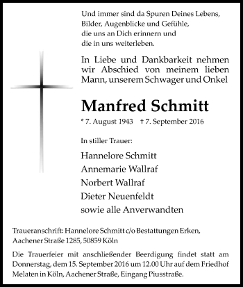 Anzeige von Manfred Schmitt von Kölner Stadt-Anzeiger / Kölnische Rundschau / Express