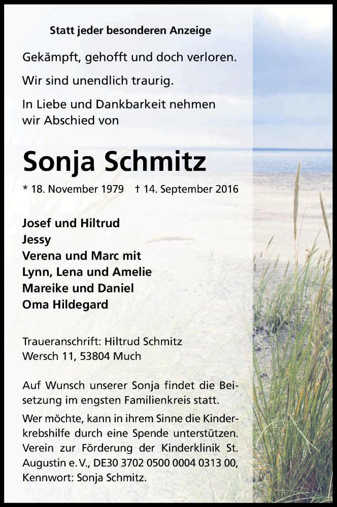  Traueranzeige für Sonja Schmitz vom 17.09.2016 aus Kölner Stadt-Anzeiger / Kölnische Rundschau / Express