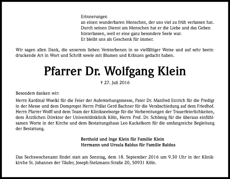  Traueranzeige für Wolfgang Klein vom 03.09.2016 aus Kölner Stadt-Anzeiger / Kölnische Rundschau / Express