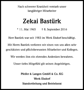 Anzeige von Zekai Bastürk von Kölner Stadt-Anzeiger / Kölnische Rundschau / Express