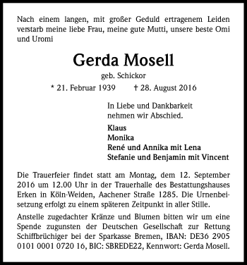 Anzeige von Gerda Mosell von Kölner Stadt-Anzeiger / Kölnische Rundschau / Express