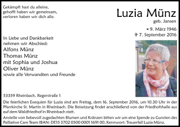 Anzeige von Luzia Münz von Kölner Stadt-Anzeiger / Kölnische Rundschau / Express