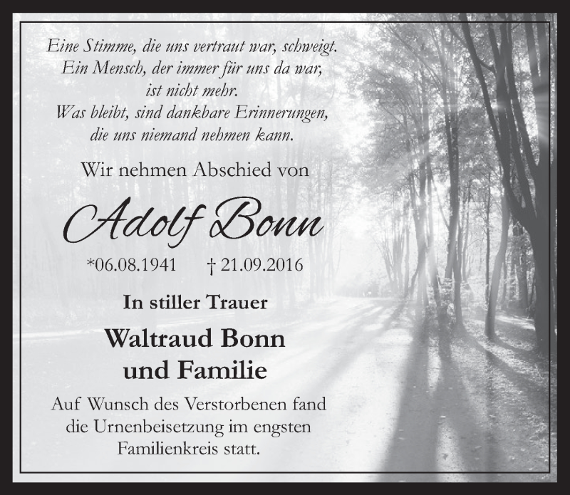  Traueranzeige für Adolf Bonn vom 01.10.2016 aus  Sonntags-Post 