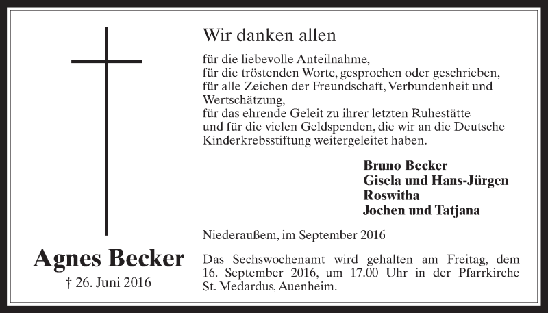  Traueranzeige für Agnes Becker vom 07.09.2016 aus  Werbepost 