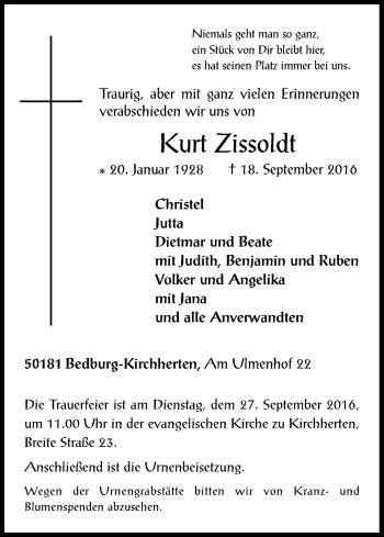 Anzeige von Kurt Zissoldt von Kölner Stadt-Anzeiger / Kölnische Rundschau / Express
