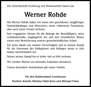 Anzeige von Werner Rohde von Kölner Stadt-Anzeiger / Kölnische Rundschau / Express