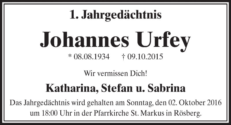  Traueranzeige für Johannes Urfey vom 28.09.2016 aus  Schaufenster/Blickpunkt 