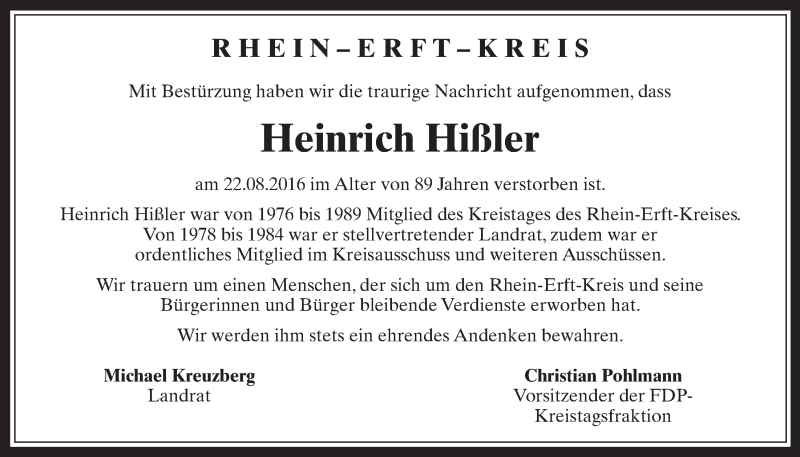  Traueranzeige für Heinrich Hißler vom 07.09.2016 aus  Wochenende  Schlossbote/Werbekurier  Werbepost 