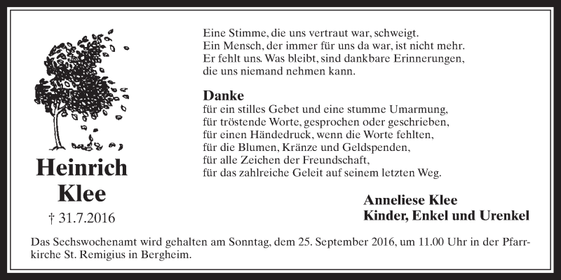  Traueranzeige für Heinrich Klee vom 14.09.2016 aus  Werbepost 