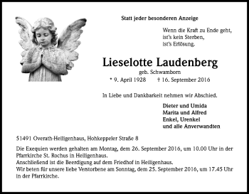 Anzeige von Lieselotte Laudenberg von Kölner Stadt-Anzeiger / Kölnische Rundschau / Express