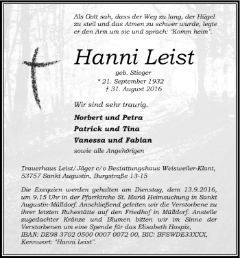 Anzeige von Hanni Leist von Kölner Stadt-Anzeiger / Kölnische Rundschau / Express