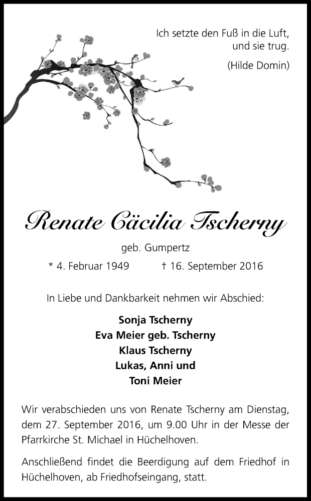  Traueranzeige für Renate Cäcilia Tscherny vom 22.09.2016 aus Kölner Stadt-Anzeiger / Kölnische Rundschau / Express