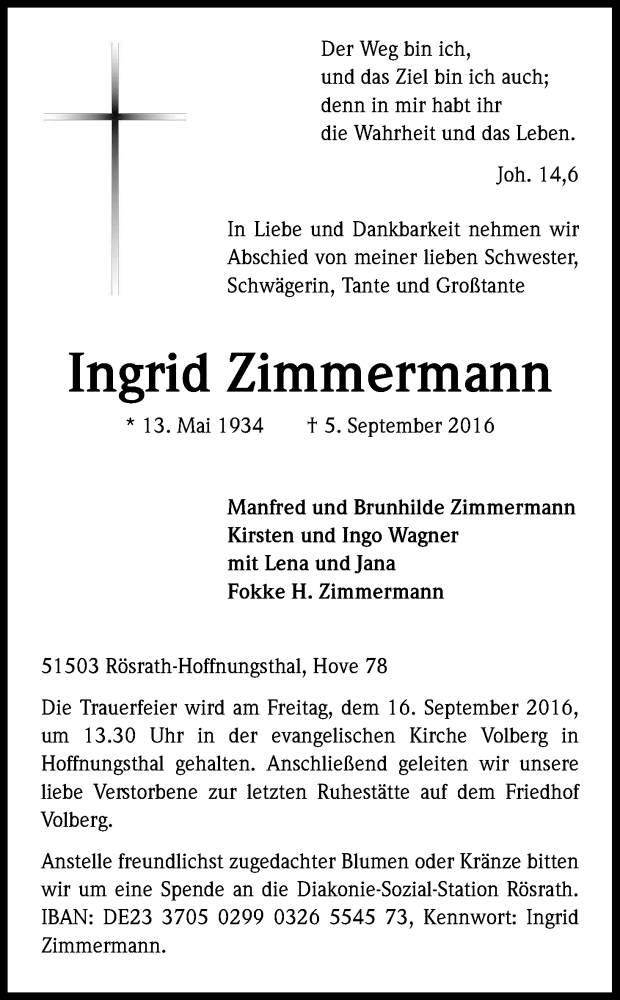 Traueranzeige für Ingrid Zimmermann vom 10.09.2016 aus Kölner Stadt-Anzeiger / Kölnische Rundschau / Express