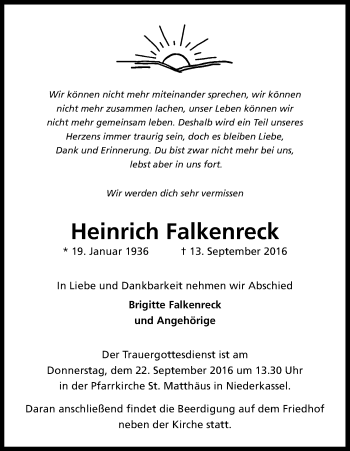 Anzeige von Heinrich Falkenreck von Kölner Stadt-Anzeiger / Kölnische Rundschau / Express