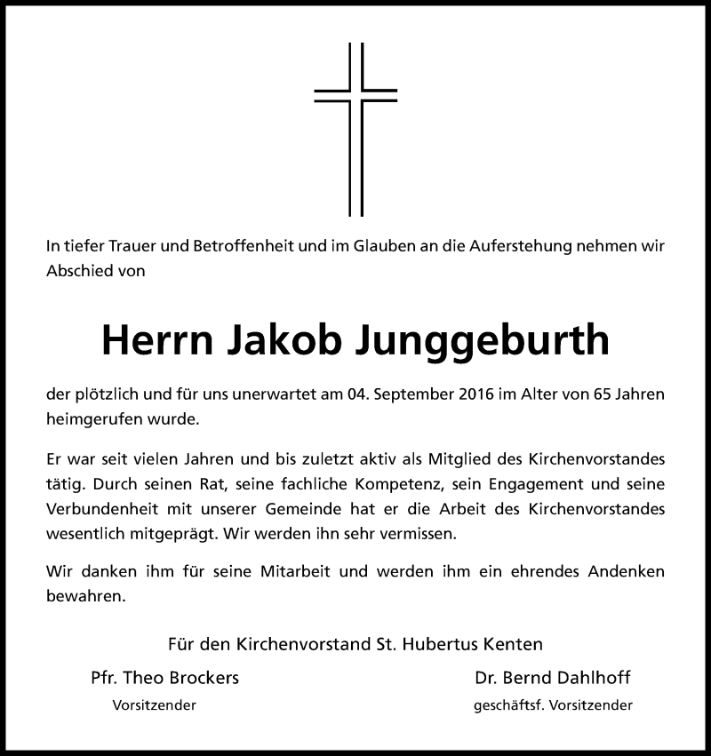  Traueranzeige für Jakob Junggeburth vom 08.09.2016 aus Kölner Stadt-Anzeiger / Kölnische Rundschau / Express