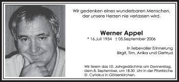 Anzeige von Werner Appel von  Sonntags-Post 