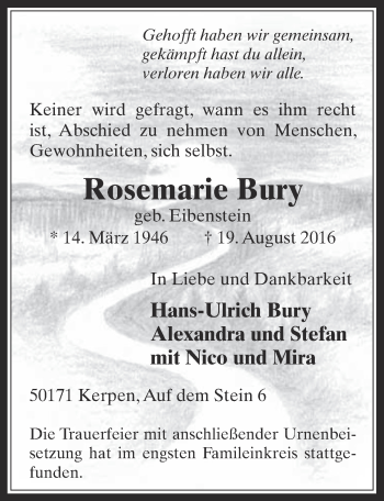 Anzeige von Rosemarie Bury von  Werbepost 