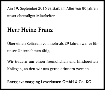 Anzeige von Heinz Franz von Kölner Stadt-Anzeiger / Kölnische Rundschau / Express
