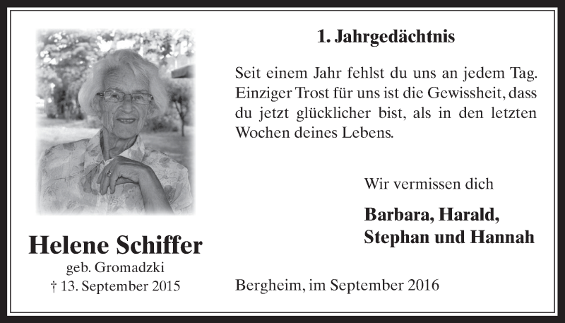  Traueranzeige für Helene Schiffer vom 14.09.2016 aus  Werbepost 