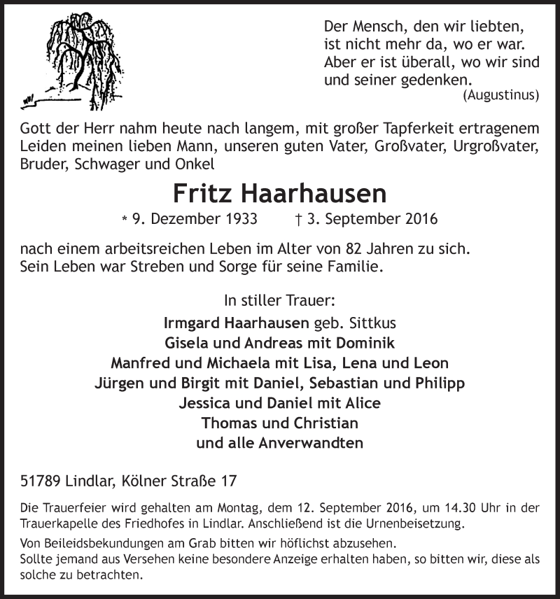  Traueranzeige für Fritz Haarhausen vom 07.09.2016 aus  Anzeigen Echo 