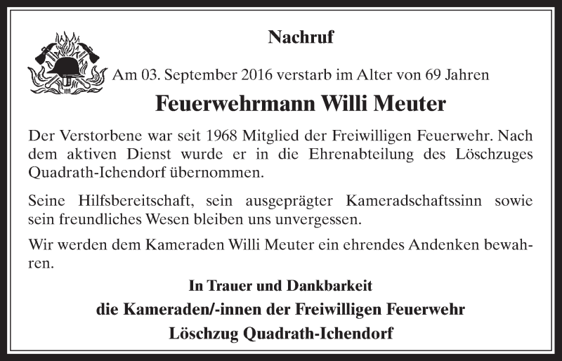  Traueranzeige für Willi Meuter vom 14.09.2016 aus  Werbepost 