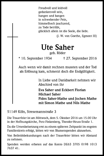 Anzeige von Ute Saher von Kölner Stadt-Anzeiger / Kölnische Rundschau / Express