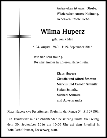 Anzeige von Wilma Huperz von Kölner Stadt-Anzeiger / Kölnische Rundschau / Express