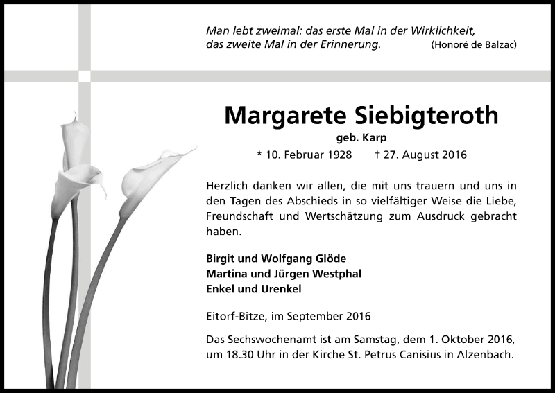  Traueranzeige für Margarete Siebigteroth vom 24.09.2016 aus Kölner Stadt-Anzeiger / Kölnische Rundschau / Express