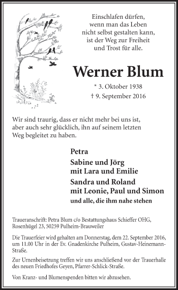Anzeige von Werner Blum von  Sonntags-Post 