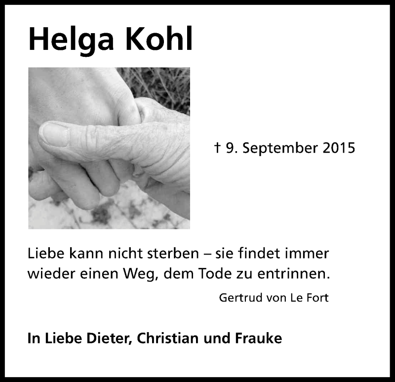  Traueranzeige für Helga Kohl vom 09.09.2016 aus Kölner Stadt-Anzeiger / Kölnische Rundschau / Express