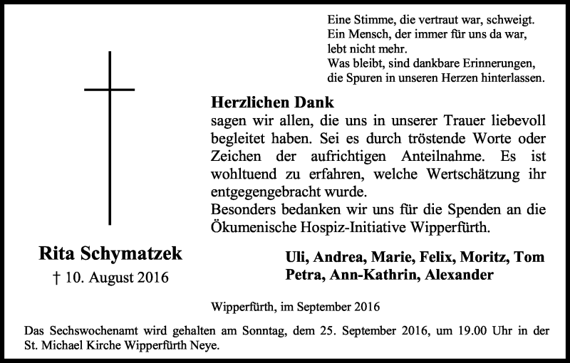  Traueranzeige für Rita Schymatzek vom 10.09.2016 aus Kölner Stadt-Anzeiger / Kölnische Rundschau / Express