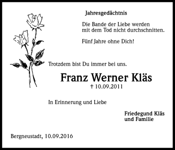 Anzeige von Franz Werner Kläs von Kölner Stadt-Anzeiger / Kölnische Rundschau / Express