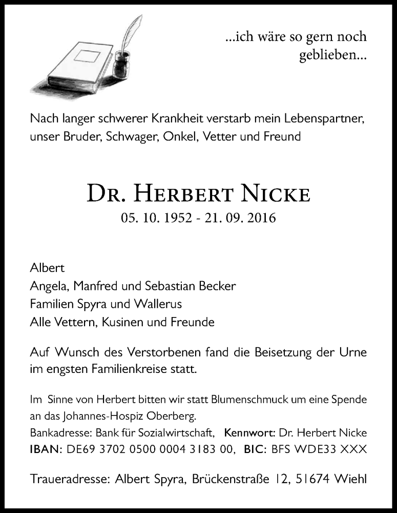  Traueranzeige für Herbert Nicke vom 01.10.2016 aus Kölner Stadt-Anzeiger / Kölnische Rundschau / Express
