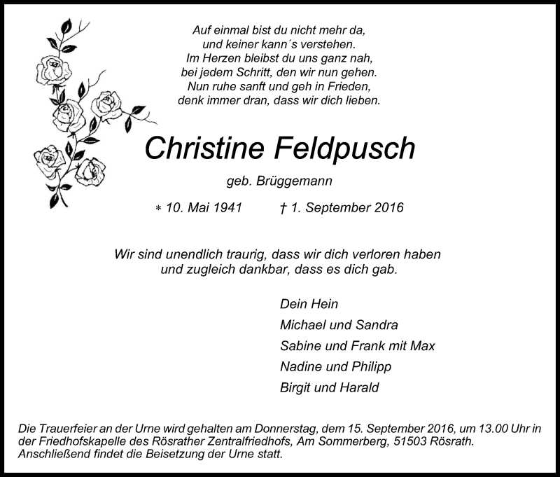 Traueranzeige für Christine Feldpusch vom 10.09.2016 aus Kölner Stadt-Anzeiger / Kölnische Rundschau / Express