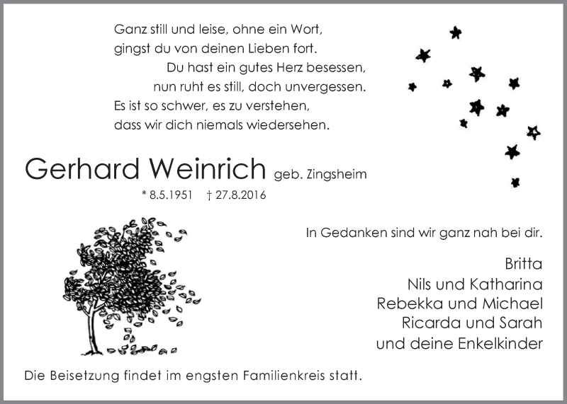  Traueranzeige für Gerhard Weinrich vom 03.09.2016 aus  Blickpunkt Euskirchen 