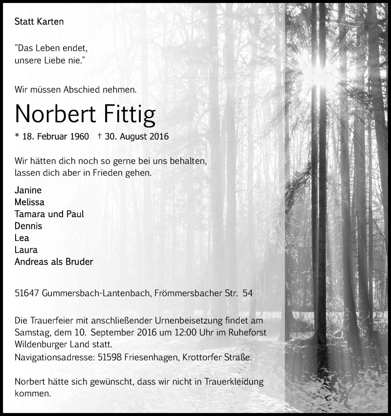  Traueranzeige für Norbert Fittig vom 05.09.2016 aus Kölner Stadt-Anzeiger / Kölnische Rundschau / Express