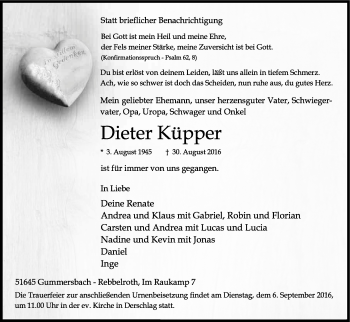Anzeige von Dieter Küpper von Kölner Stadt-Anzeiger / Kölnische Rundschau / Express