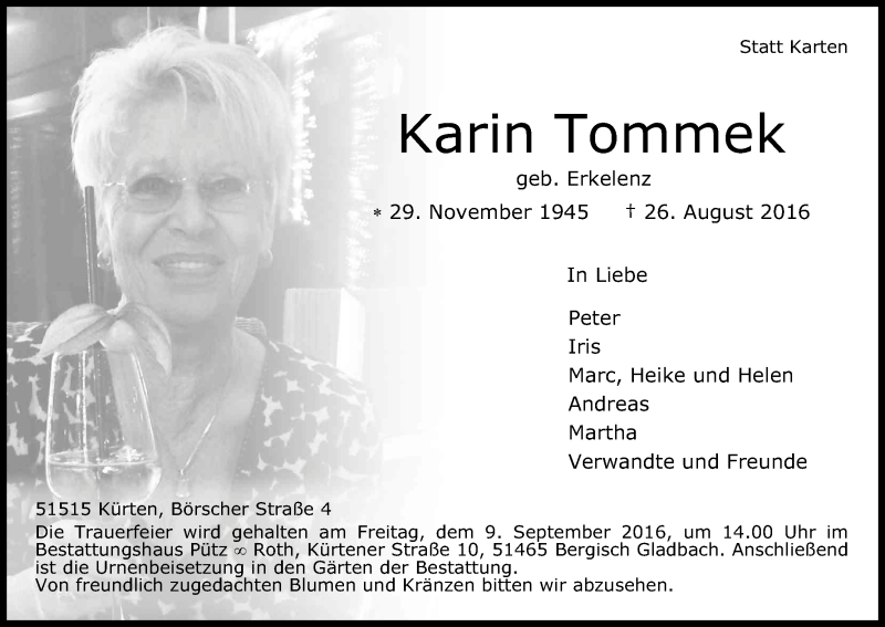  Traueranzeige für Karin Tommek vom 03.09.2016 aus Kölner Stadt-Anzeiger / Kölnische Rundschau / Express