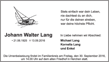 Anzeige von Johann Walter Lang von  Extra Blatt 