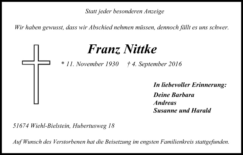  Traueranzeige für Franz Nittke vom 10.09.2016 aus Kölner Stadt-Anzeiger / Kölnische Rundschau / Express