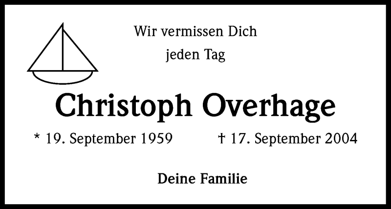  Traueranzeige für Christoph Overhage vom 17.09.2016 aus Kölner Stadt-Anzeiger / Kölnische Rundschau / Express