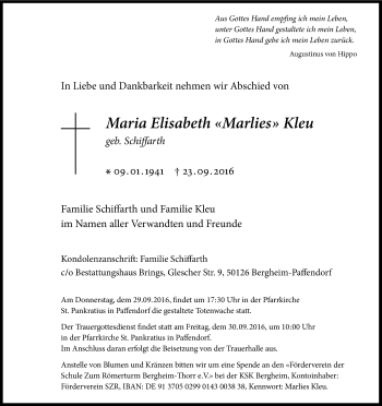 Anzeige von Maria Elisabeth Kleu von Kölner Stadt-Anzeiger / Kölnische Rundschau / Express