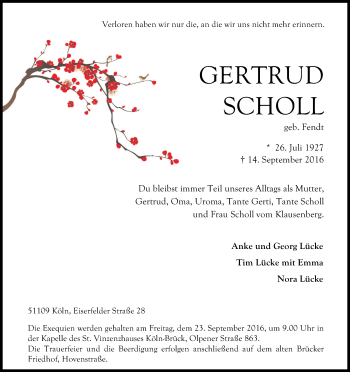 Anzeige von Gertrud Scholl von Kölner Stadt-Anzeiger / Kölnische Rundschau / Express