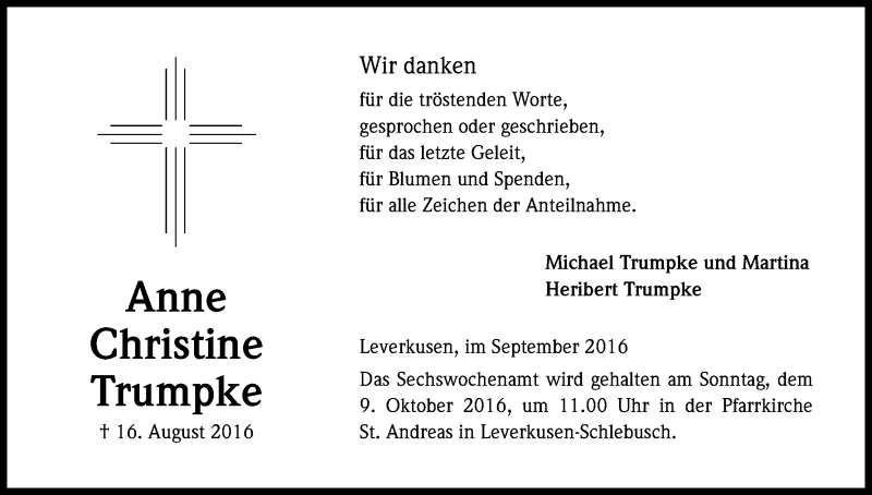  Traueranzeige für Anne Christine Trumpke vom 01.10.2016 aus Kölner Stadt-Anzeiger / Kölnische Rundschau / Express